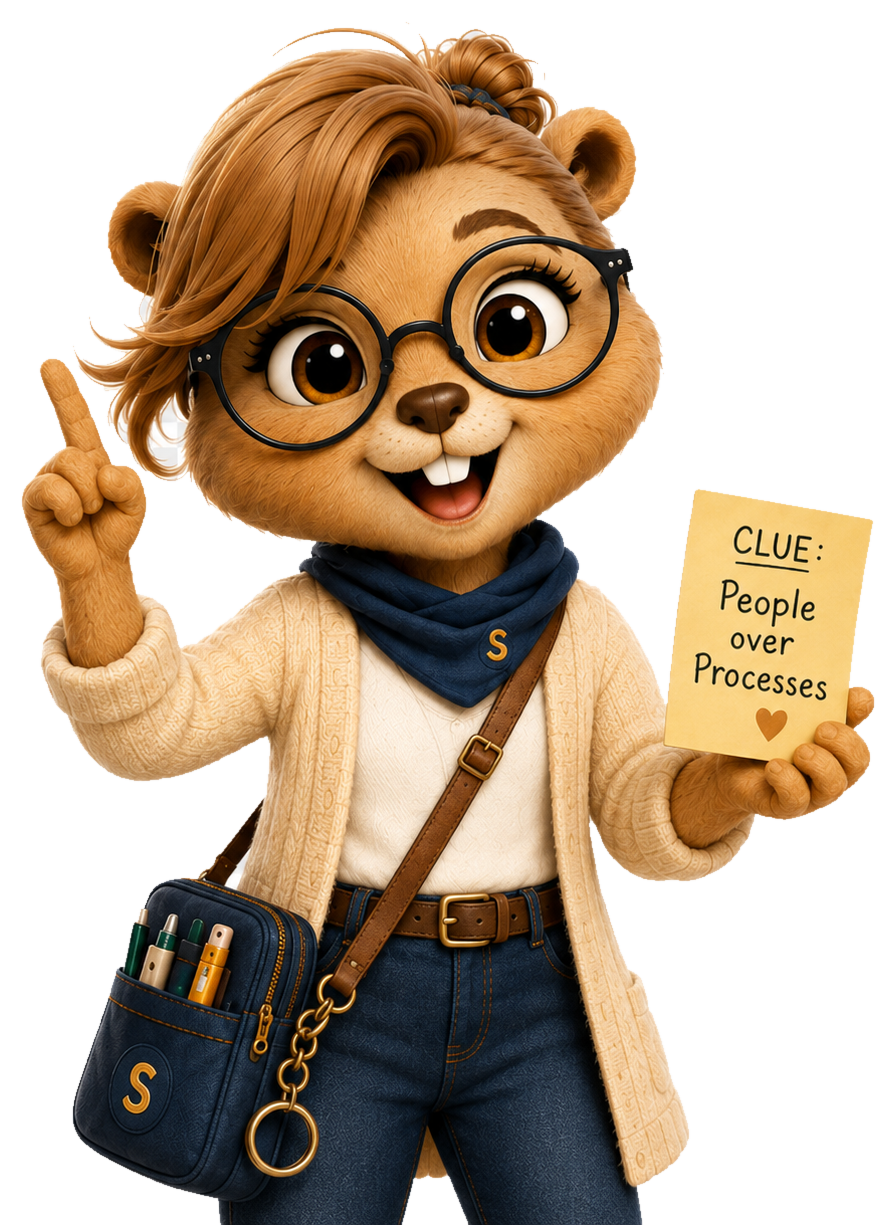 Snurpy smiling, holding a clue card.